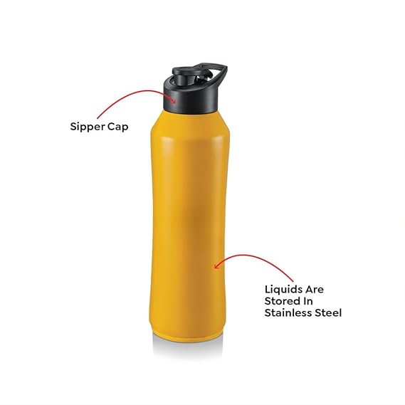 Stainless Steel Water Bottle, Yellow, 750 ml, Modern Style, Leak Proof Gallon with Plastic Mixer Ball, Sport Theme, Hand Wash Only pack of 1