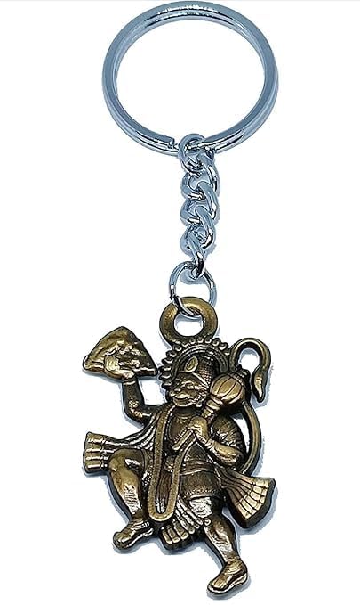 Flying Hanuman Bajrangbali Keychain, Lord Hanuman with Sanjeevani Mountain, Metal, Gold, Religious Hindu Deity Theme, 15g