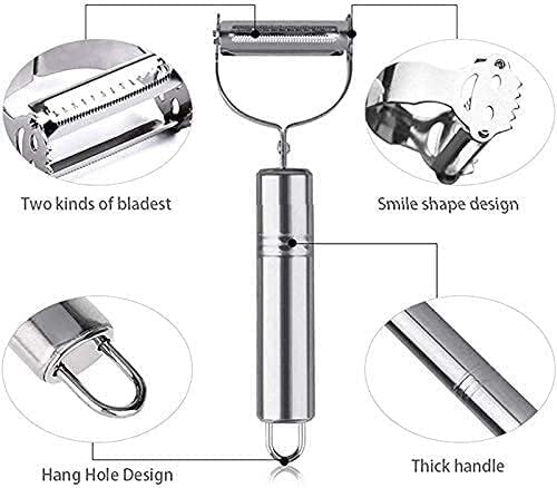 Stainless Steel 2 in 1 Julienne Vegetable Peeler Multi-Functional Fruit Vegetable Shredder Slicer Double Planing Cutter Potato Cucumber Carrot Melon Grater (Silver)