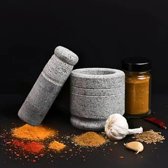 Oothukuli Stone Mortar and Pestle Set – 4 Inch Okhli/Khalbatta/Idi Kallu – Traditional Hand Grinder for Chutney, Spices, Herbs & Ginger-Garlic Crushing – Grey pack of 1