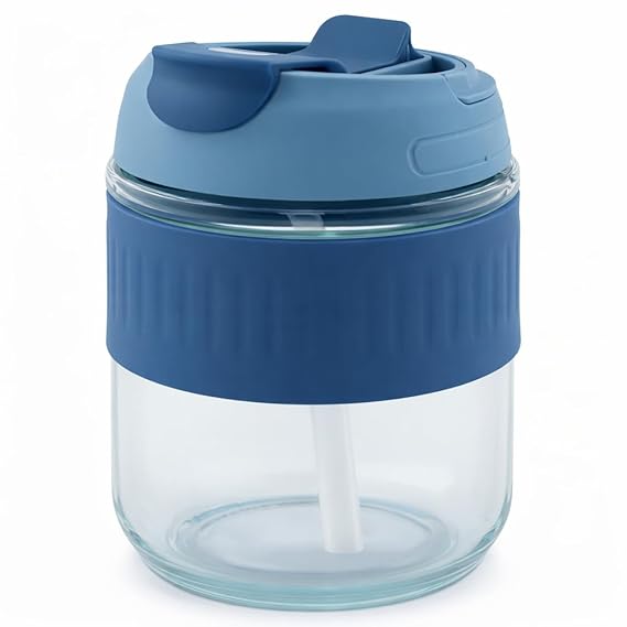 Glass Sipper Bottle with Leakproof Flip-Top Lid, 380ml, Home Office Travel, Pack of 1