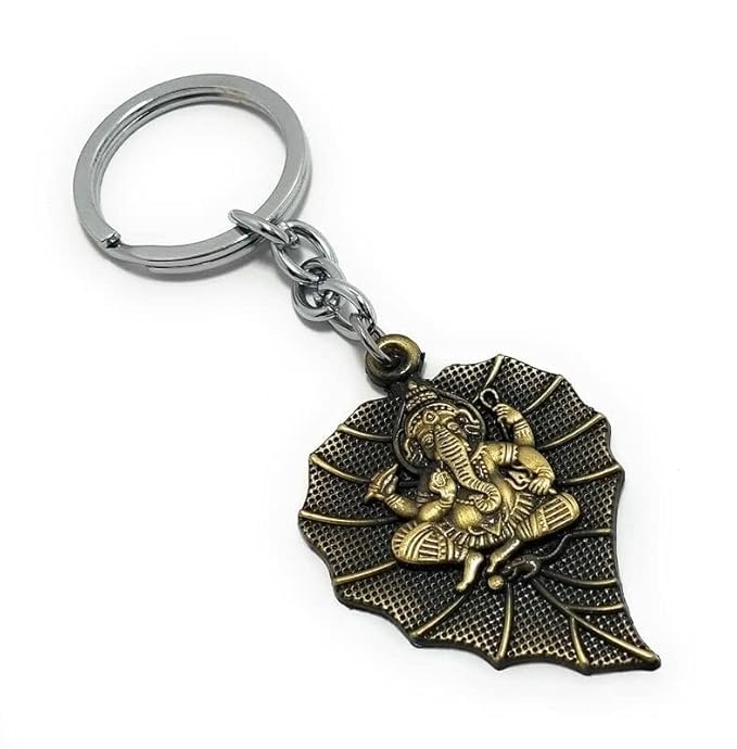 Hindu God Lord Ganesha Ganpati Leaf Metal Keychain, Gold, Vel Spear Shape, Double-sided Design, Pack of 2