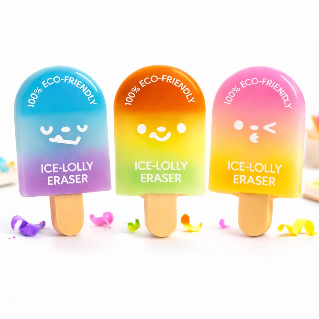 Ice Cream Erasers for Kids, Cute Popsicle Pencil Eraser Set, Eco Friendly Rubber, Multicolor School Supplies, Birthday Return Gift Items for Boys Girls 3 PCS (Pack of 1).
