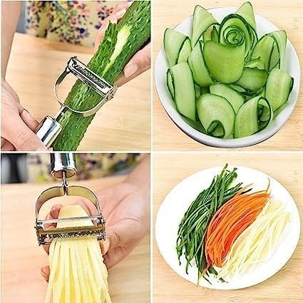 Stainless Steel 2 in 1 Julienne Vegetable Peeler Multi-Functional Fruit Vegetable Shredder Slicer Double Planing Cutter Potato Cucumber Carrot Melon Grater (Silver)