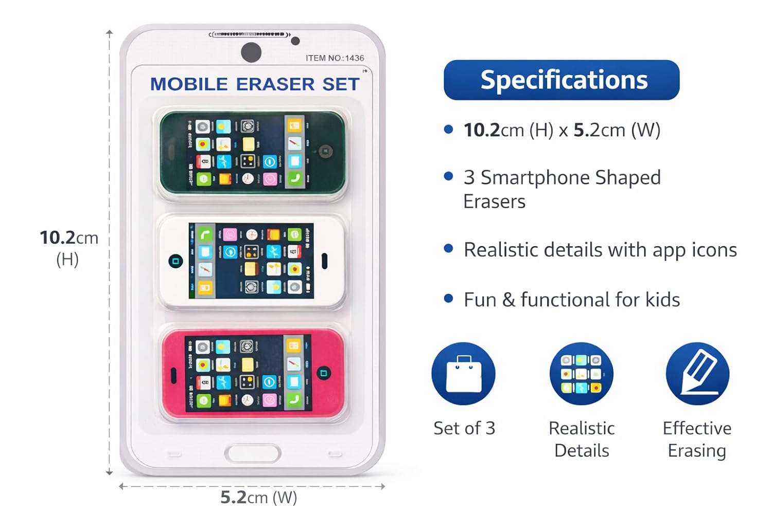 Mobile Eraser for Kids School Use, Pencil Erasers Set of 3, Multicolour, (Pack of 1)