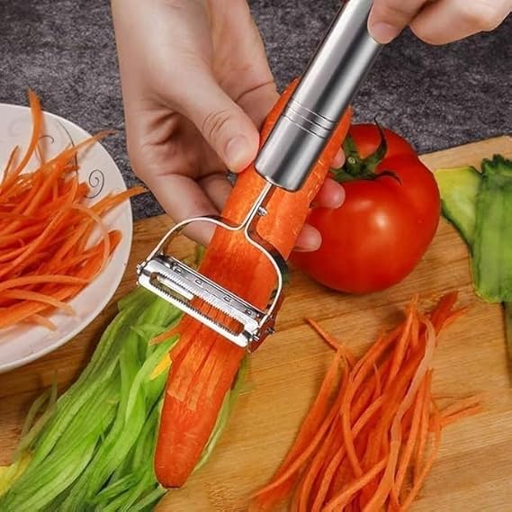Stainless Steel 2 in 1 Julienne Vegetable Peeler Multi-Functional Fruit Vegetable Shredder Slicer Double Planing Cutter Potato Cucumber Carrot Melon Grater (Silver)