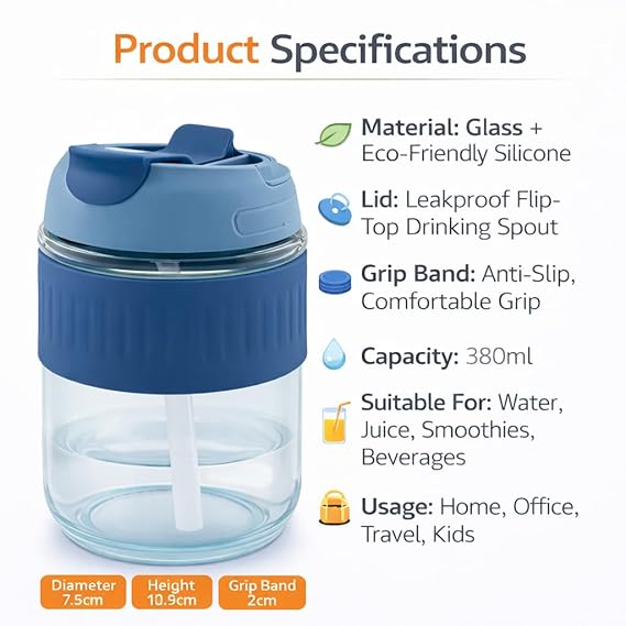 Glass Sipper Bottle with Leakproof Flip-Top Lid, 380ml, Home Office Travel, Pack of 1