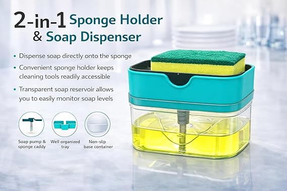 2 in 1 Soap Dispenser with Sponge Holder, 400 ML, Kitchen Sink Dishwash Liquid Pump, Multi-Color (Pack of 1)