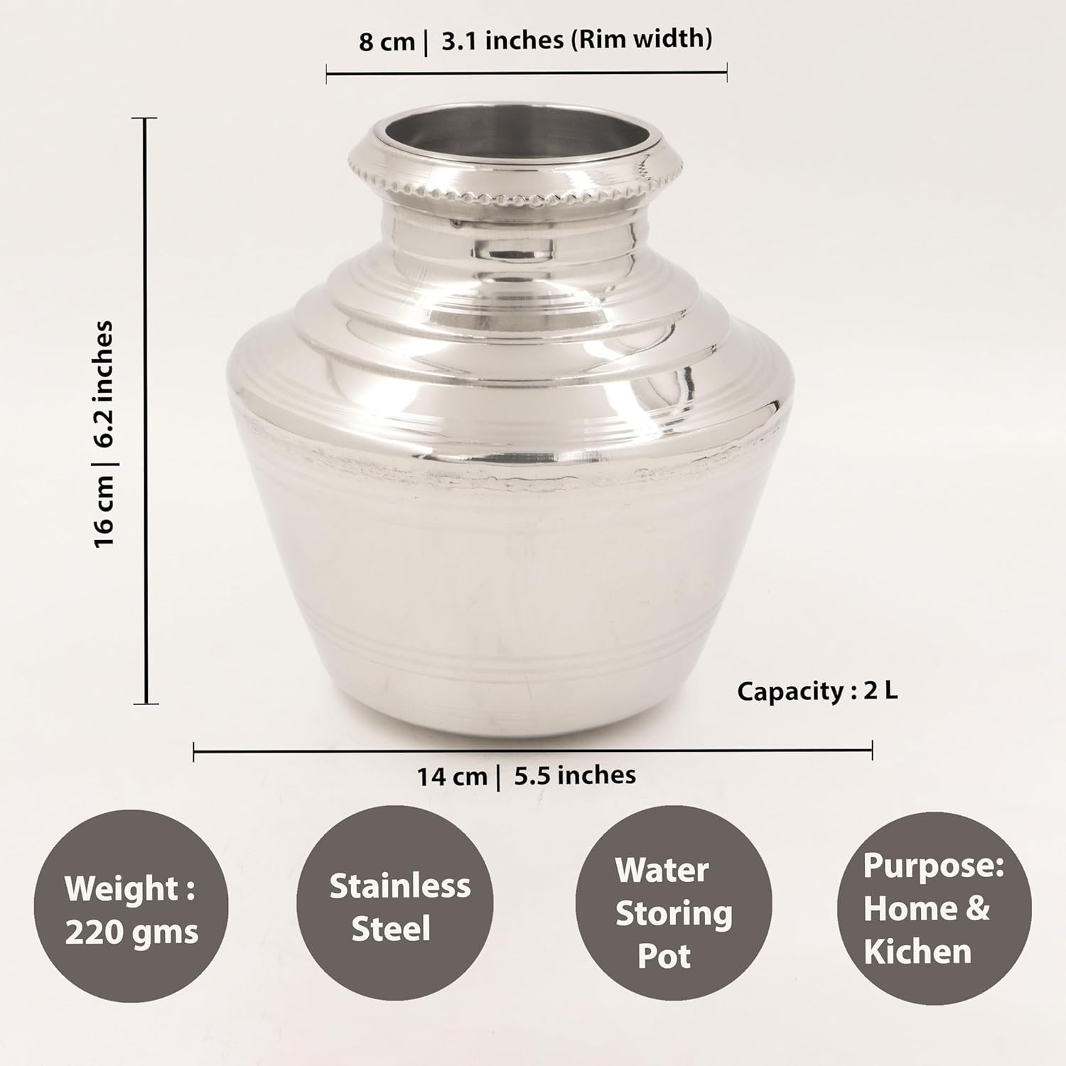 Stainless Steel Pooja Kalash, Water Pot, Kudam for Ceremonies, Theertha Kudam, Ghada Utensil, Pack of 1