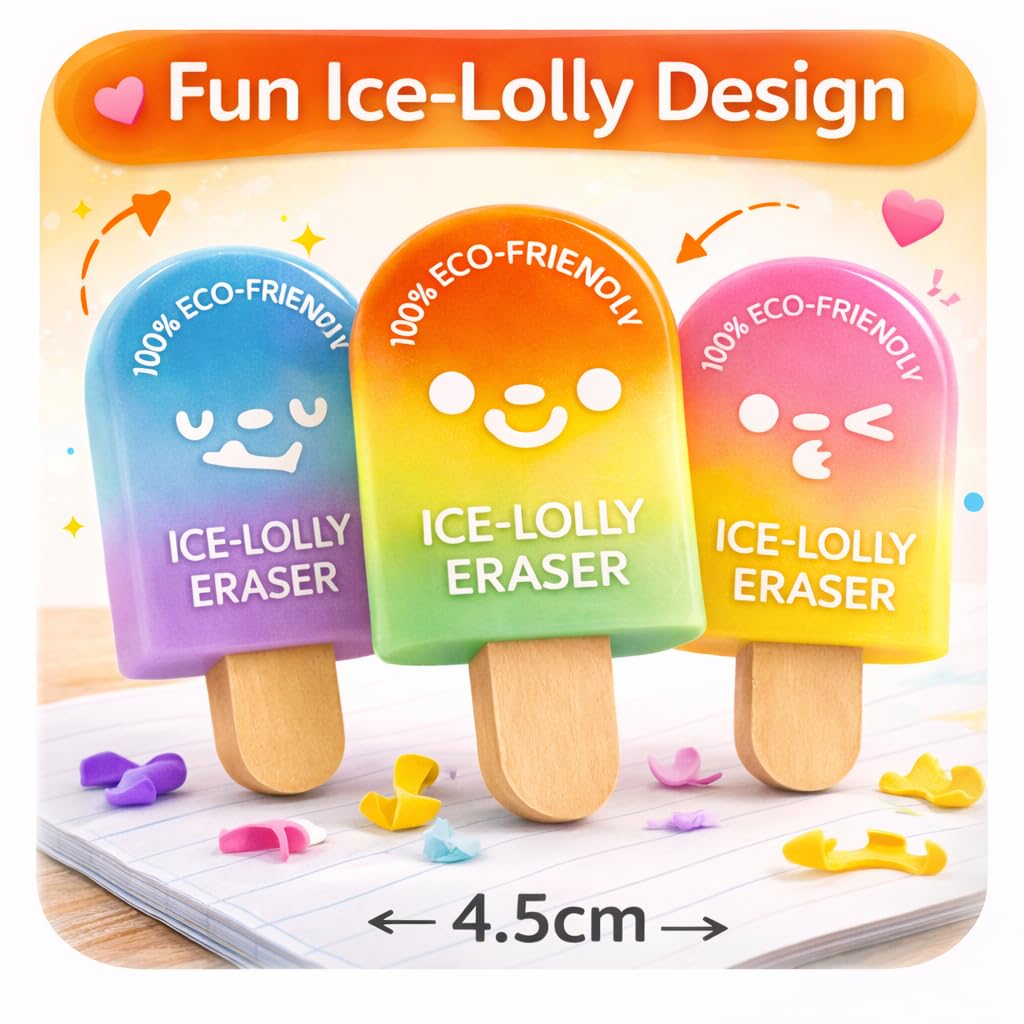 Ice Cream Erasers for Kids, Cute Popsicle Pencil Eraser Set, Eco Friendly Rubber, Multicolor School Supplies, Birthday Return Gift Items for Boys Girls 3 PCS (Pack of 1).