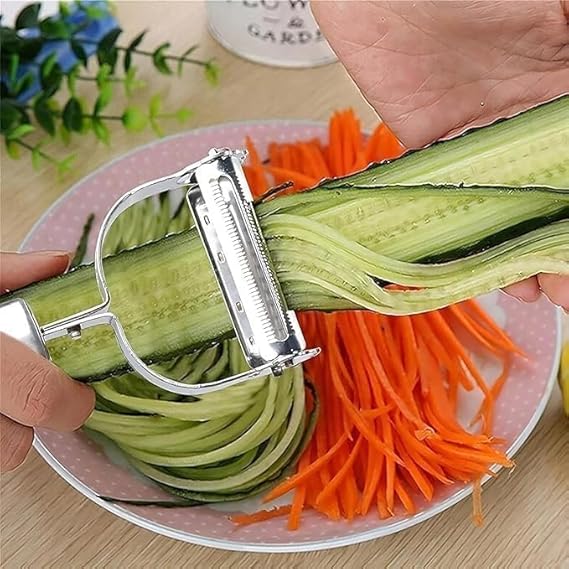 Stainless Steel 2 in 1 Julienne Vegetable Peeler Multi-Functional Fruit Vegetable Shredder Slicer Double Planing Cutter Potato Cucumber Carrot Melon Grater (Silver)
