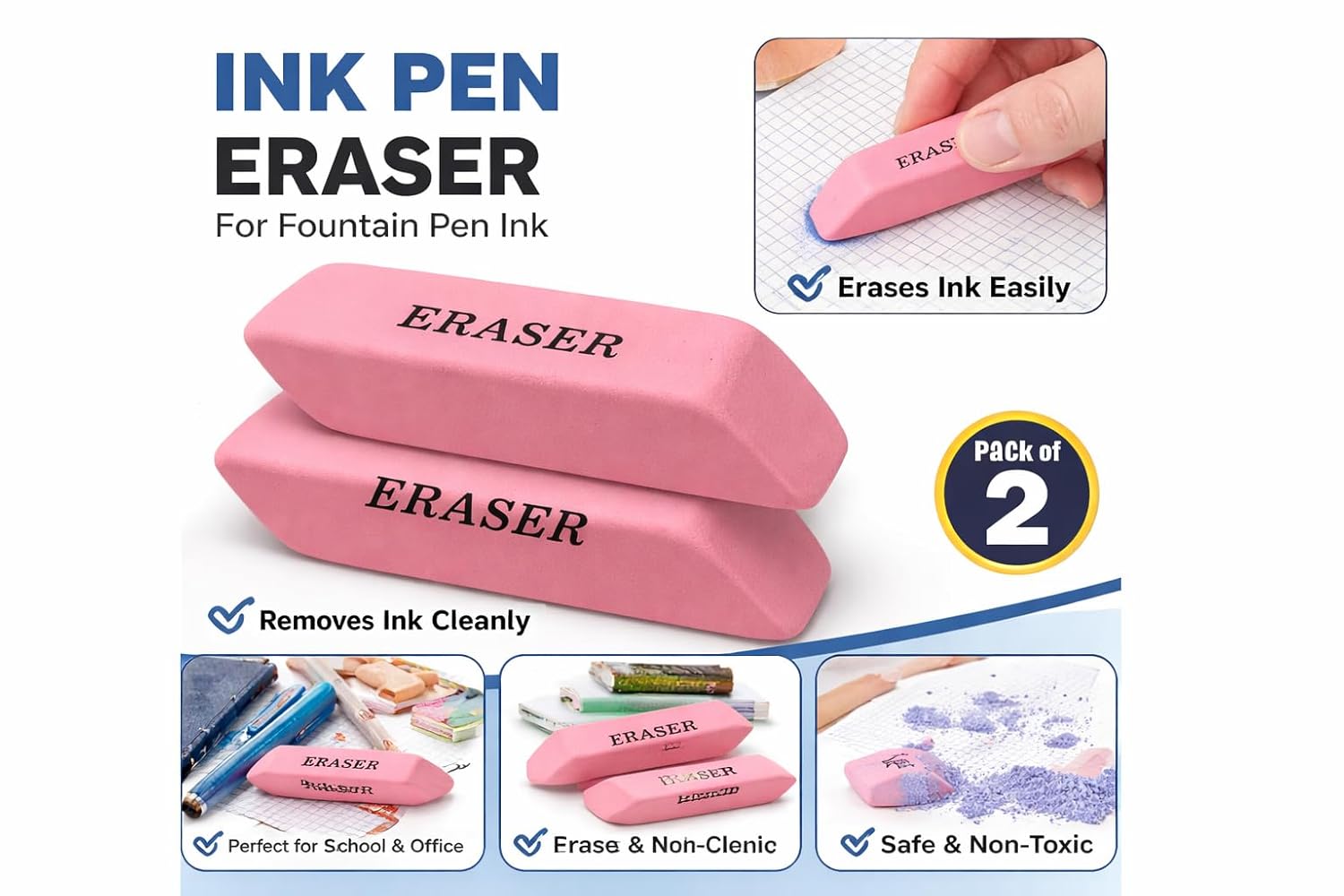red Color Ink Pen Eraser School Office Stationery, Correction Supplies for Erasing Fountain Pen Ink (Pack of 2)
