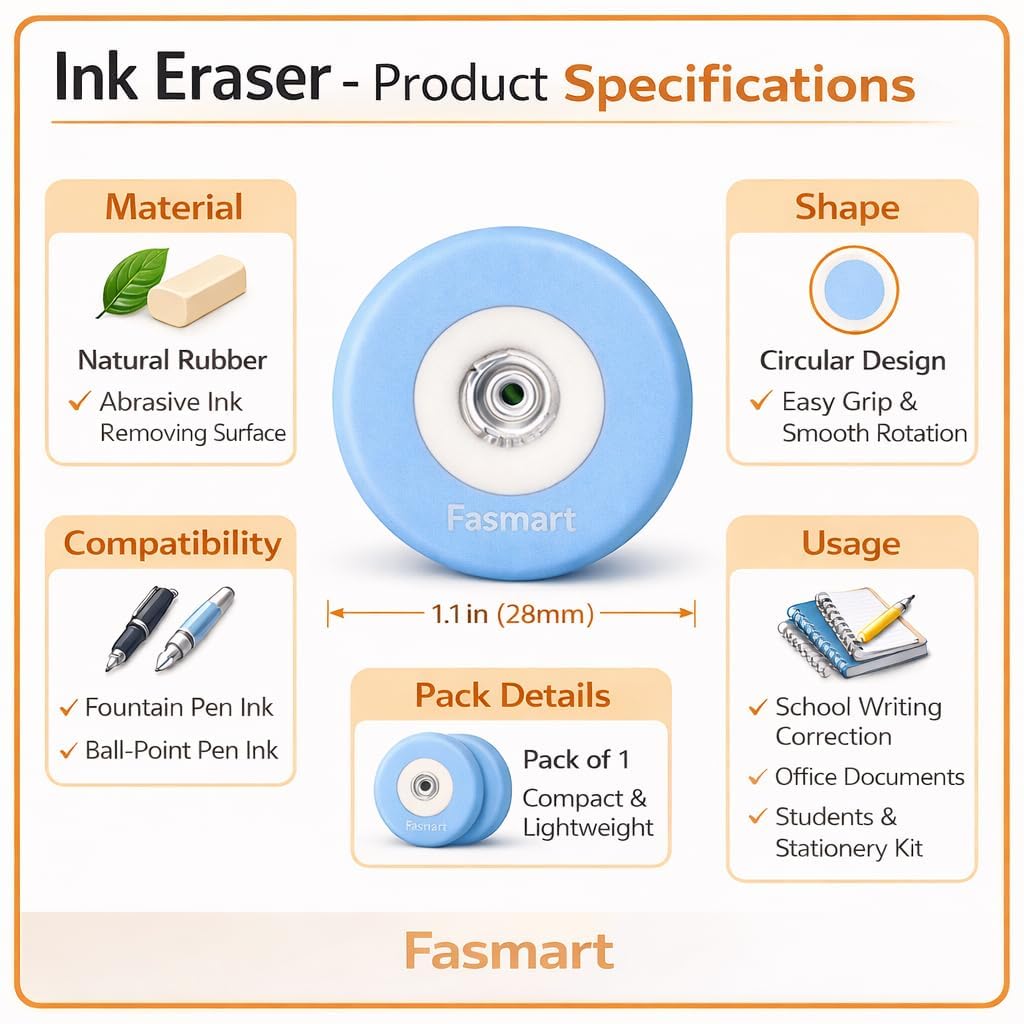 Blue Color Ink Eraser for School and Office Use, Pack of 1, Compatible with Fountain Pen and Ball-Point Pen