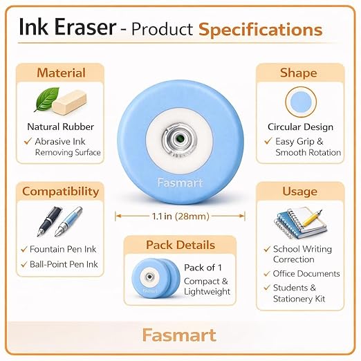 Ink Eraser for Fountain Pen and Ball-Point Pen, Natural Rubber, Circular Shape, School and Office Stationery, Pack of 2