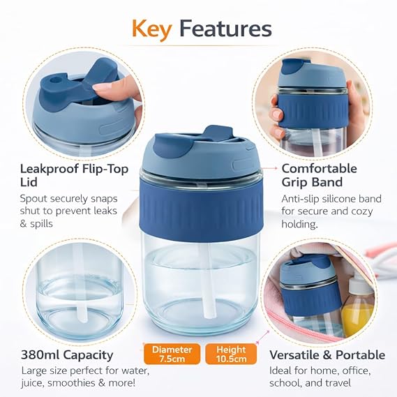 Glass Sipper Bottle with Leakproof Flip-Top Lid, 380ml, Home Office Travel, Pack of 1