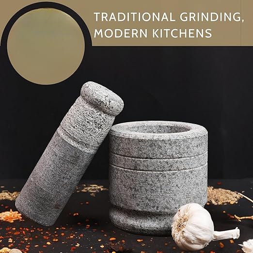 Oothukuli Stone Mortar and Pestle Set – 4 Inch Okhli/Khalbatta/Idi Kallu – Traditional Hand Grinder for Chutney, Spices, Herbs & Ginger-Garlic Crushing – Grey pack of 1