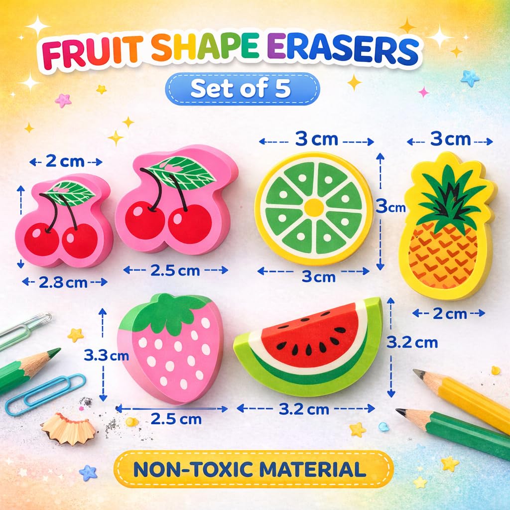 Fruit Shape Eraser for Kids, (Set of 5)