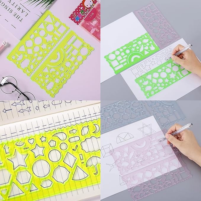 Geometric Drawing Template Ruler, 20cm Drafting Stencil with Multiple Shapes and Symbols, Multicolour 1
