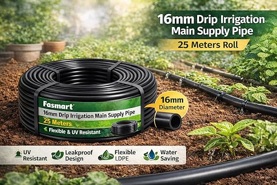 16mm Drip Irrigation Main Supply Pipe – 25 Meter Roll | Flexible LDPE Garden Watering Tube | UV Resistant | Leakproof | Ideal for Terrace Garden, Lawn & Agriculture pack of 1