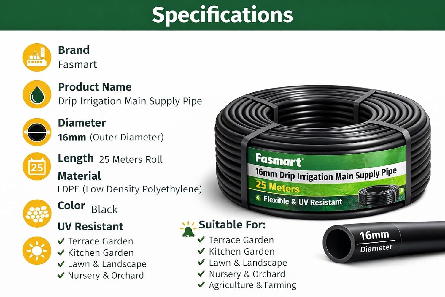 Drip Irrigation Pipe, 16mm, Black, Polyethylene, 25m Length, for Drip Irrigation