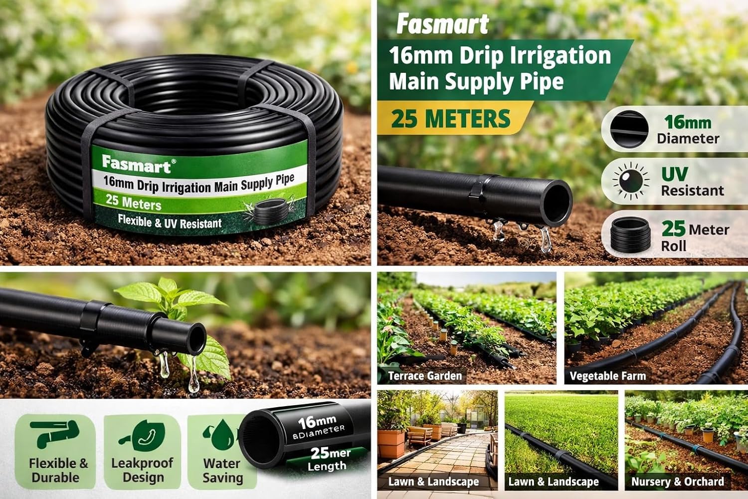 Drip Irrigation Pipe, 16mm, Black, Polyethylene, 25m Length, for Drip Irrigation