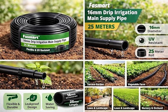 16mm Drip Irrigation Main Supply Pipe – 25 Meter Roll | Flexible LDPE Garden Watering Tube | UV Resistant | Leakproof | Ideal for Terrace Garden, Lawn & Agriculture pack of 1