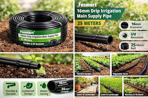 16mm Drip Irrigation Main Supply Pipe – 25 Meter Roll | Flexible LDPE Garden Watering Tube | UV Resistant | Leakproof | Ideal for Terrace Garden, Lawn & Agriculture pack of 1